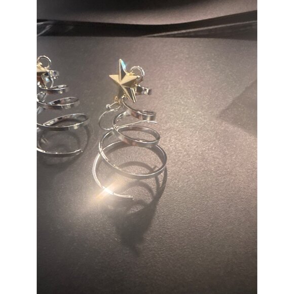 Silver Spiral Christmas Tree Earrings With Gold Star Hook Earrings - Picture 2 of 4